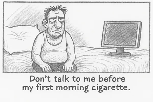 a dishevelled man sitting on a bed with a computer screen behind him